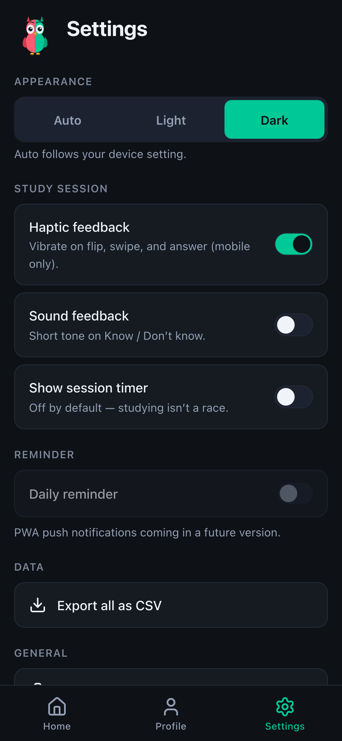 Settings in dark theme with Dark appearance active